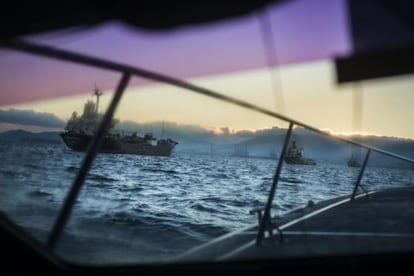 A Spanish customs surveillance speedboat patrols the Strait.