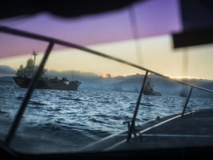 A Spanish customs surveillance speedboat patrols the Strait.