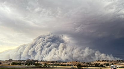Columna de humo del incendio de Torrefeta i Florejacs (Lleida), el 2 de julio.