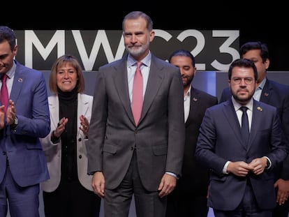Autoridades en el acto de inauguración del Mobile World Congress el pasado mes de febrero, encabezadas por el Rey Felipe VI, el presidente Pedro Sánchez y el president Pere Aragonès.
