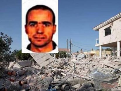 Estat en què va quedar la casa d'Alcanar després de l'explosió i retrat de l'imam Abdelbaki es Satty.