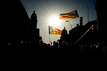 Varias personas con esteladas durante la manifestación de Sant Jordi per la Llengua