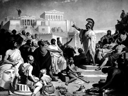 Una representación de Pericles durante el jucio de Aspasia en Atenas.