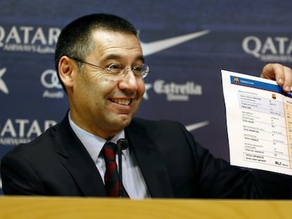 Josep Maria Bartomeu, antes da entrevista coletiva da tarde de hoje.