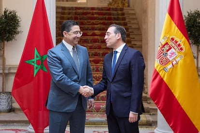 Encuentro entre  los ministros de Exteriores de España y Marruecos, José Manuel Albares y Nasser Bourita, el 19 de abril de 2025.