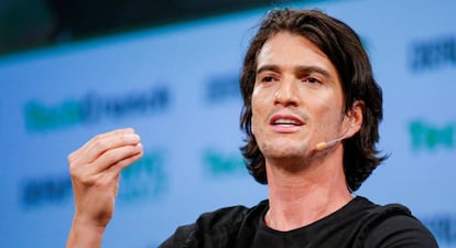 FILE PHOTO: Neumann, CEO of WeWork, speaks to guests during the TechCrunch Disrupt event in Manhattan, in New York City