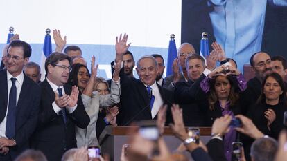 El líder del Likud, Benjamin Netanyahu, celebraba el miércoles los resultados electorales en la sede del partido en Tel Aviv.