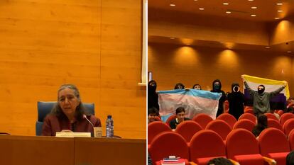 Un grupo de estudiantes con banderas del colectivo trans y no binario se manifestaron durante un acto de Marcela Lagarde en la Universidad Complutense de Madrid, el miércoles 20 de marzo.