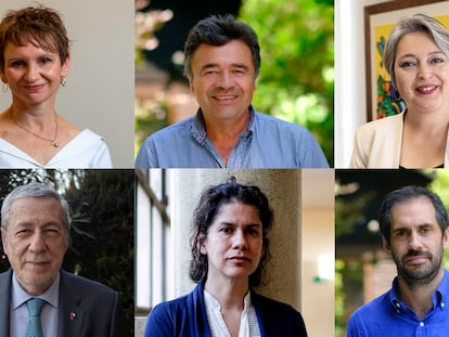 Los ministros Carolina Tohá (Interior), Esteban Valenzuela (Agricultura), Jeannette Jara (Trabajo), Alberto van Klaveren (Canciller), Maisa Rojas (Medio Ambiente) y Nicolás Grau (Economía).