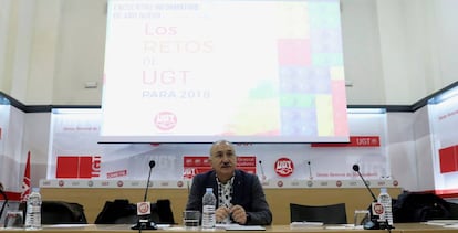 El secretario general de UGT, Pepe Álvarez, en la presentación de los retos y propuestas del sindicato para 2018.