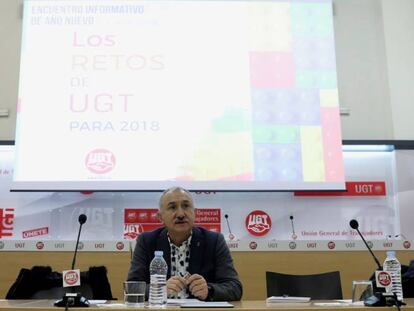 El secretario general de UGT, Pepe &Aacute;lvarez, en la presentaci&oacute;n de los retos y propuestas del sindicato para 2018.