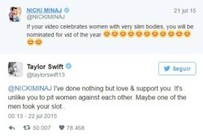 La cantante Nicky Minaj, le recrimin&oacute; a Taylor Swift que el v&iacute;deo de su canci&oacute;n &#039;Bad blood&#039; (tema en el que supuestamente arremete contra Katy Perry) solo aparecieran chicas delgadas.