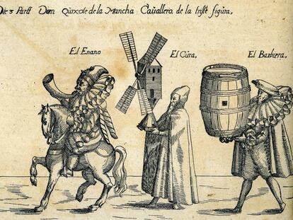 Primera imagen conocida de Don Quijote, Sancho Panza y otros personajes de la novela, de Andreas Bretschneider.