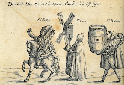 Primera imagen conocida de Don Quijote, Sancho Panza y otros personajes de la novela, de Andreas Bretschneider.