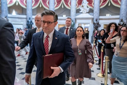 US Speaker of the House Mike Johnson (Front) walks through Statuary Hall to the House floor to vote on the USD 1.2 trillion funding package in the US Capitol in Washington, DC, USA, 22 March 2024