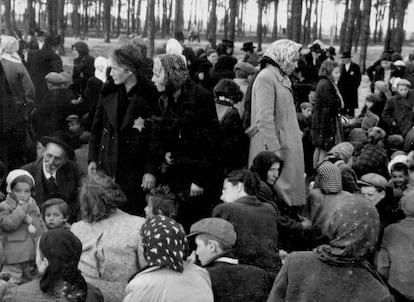 Hungarian Jews in Auschwitz shortly before being murdered in the gas chambers, in another image from the 'Auschwitz Album'; the images were probably taken by members of the SS. 