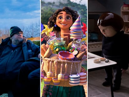 (l-r) Guillermo del Toro on the set of ‘Nightmare Alley,’ a still from the animation ‘Encanto’ and an image from the animated short film ‘Bestia.’