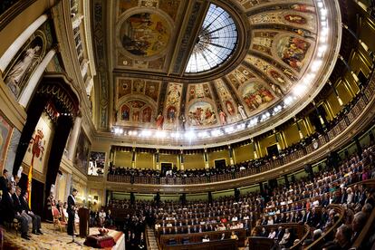 El Rey Felipe VI durante su discurso de coronación ante las Cortes.