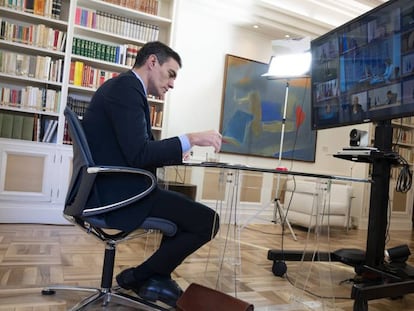 Pedro Sánchez participa en el Consejo Europeo por videoconferencia, el pasado 26 de marzo.
 
 