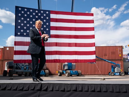 President Donald Trump arrives to speak in Marinette, Wisconsin on June 25.