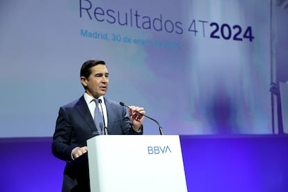 Carlos Torres, presidente del BBVA, en la presentación de los resultados anuales de la entidad este jueves en Madrid.