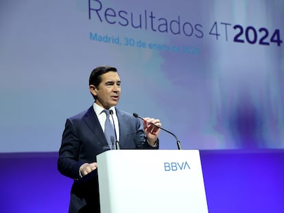 Carlos Torres, presidente del BBVA, en la presentación de los resultados anuales de la entidad este jueves en Madrid.