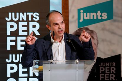 El 'exconseller' Jordi Turull interviene durante el acto de campaña de JxCat el 29 de enero en Reus (Tarragona).