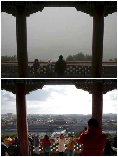 A combination photo shows visitors taking pictures at the top of the Jingshan Park overseeing the Forbidden City on a smoggy day on December 1, 2015 (top), and on a sunny day on December 2, 2015 (bottom), after a fresh cold front cleared the smog that was blanketing Beijing, China. REUTERS/Damir Sagolj