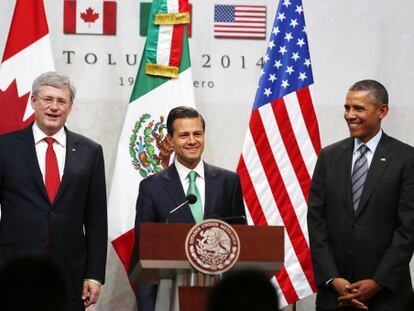 Obama, Pe&ntilde;a Nieto y Harper, en la cumbre de Toluca (m&eacute;xico) este mi&eacute;rcoles.