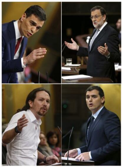 Pedro Snchez, Mariano Rajoy, Pablo Iglesias y Albert Rivera, durante sus intervenciones de ayer en el Congreso de los Diputados.