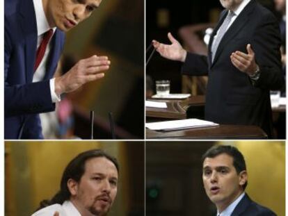 Pedro Sánchez, Mariano Rajoy, Pablo Iglesias y Albert Rivera, durante sus intervenciones de ayer en el Congreso de los Diputados.