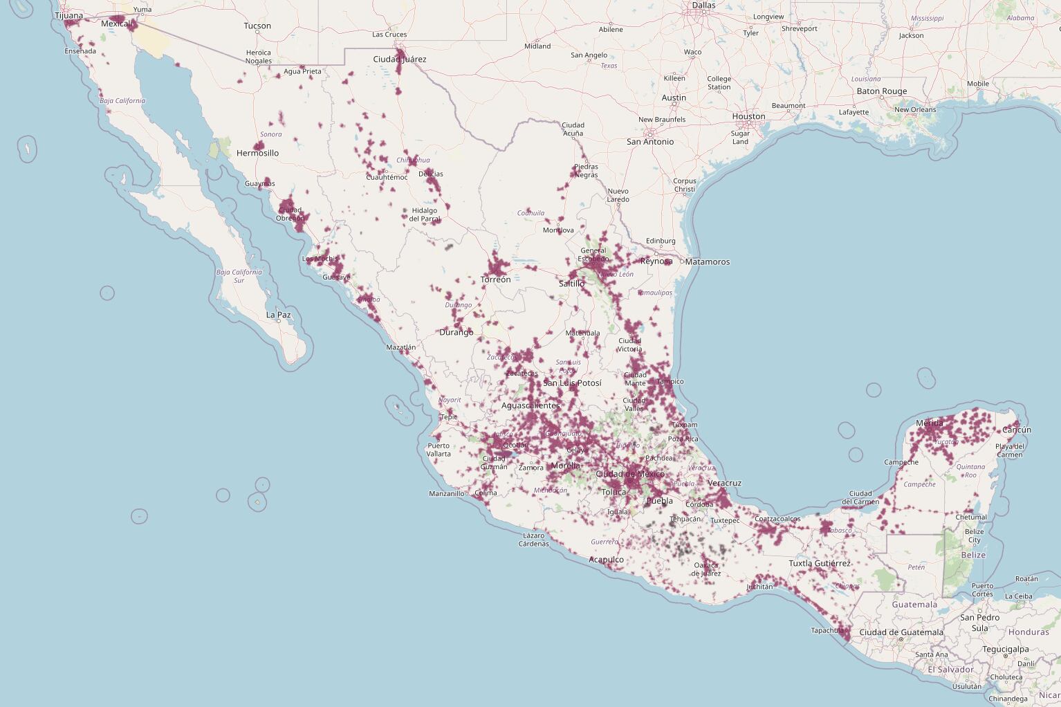 Un mapa representa en rojo la cobertura de la red CFE Telecomunicaciones e Internet para Todos en agosto de 2022.