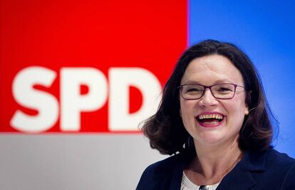 Andrea Nahles, justo antes de ser elegida líder del SPD alemán en Wiesbaden.