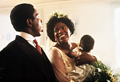 Willard Pugh and Oprah Winfrey in a still shot from 'The Color Purple' (1985).