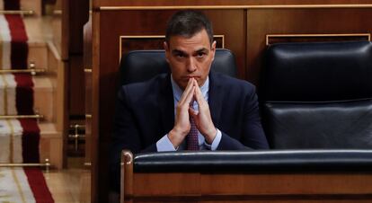 El presidente del Gobierno, Pedro Sánchez, durante la primera sesión de control al Ejecutivo en el Congreso tras el fin del estado de alarma, este miércoles.