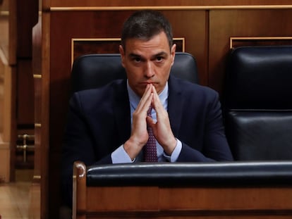 O primeiro-ministro Pedro Sánchez, durante a primeira sessão de questionamento do Executivo no Parlamento, após o fim do estado de alarme, nesta quarta-feira,