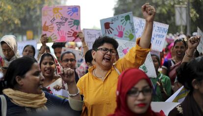 Mulheres indianas manifestam em um protesto pelo Dia Internacional da Mulher, em Nova Deli.