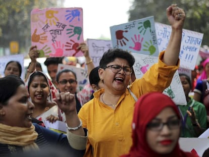 Mulheres indianas manifestam em um protesto pelo Dia Internacional da Mulher, em Nova Deli.