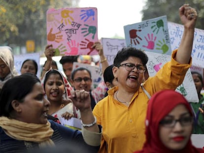 Mulheres indianas manifestam em um protesto pelo Dia Internacional da Mulher, em Nova Deli.