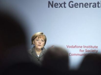 Angela Merkel durante seminário em Berlim.