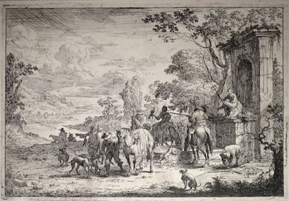 La exposición se cierra con grabados de paisajes con animales, como este 'Cazadores descansando cerca de la fuente de Neptuno', aguafuerte de Pieter Bout (1658-1731), que no tiene fecha. Bout muestra pequeñas figuras en pleno campo en una jornada de caza.