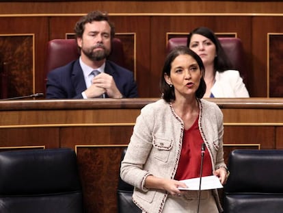 La ministra de Industria, Comercio y Turismo, Reyes Maroto, interviene en el pleno celebrado en el Congreso de los Diputados, este miércoles.