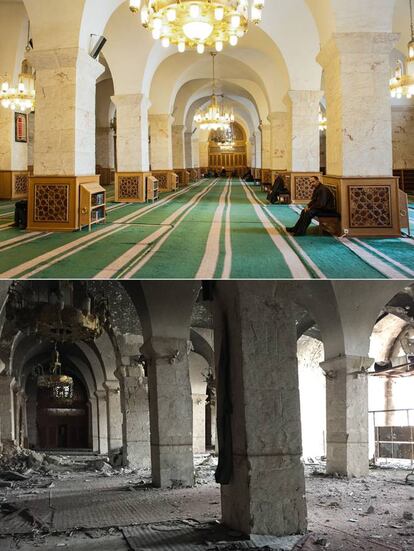 Sala de rezos de la Mezquita Omeya de Alepo. En la parte superior, foto tomada en 2010; en la inferior foto tomada en 2017.