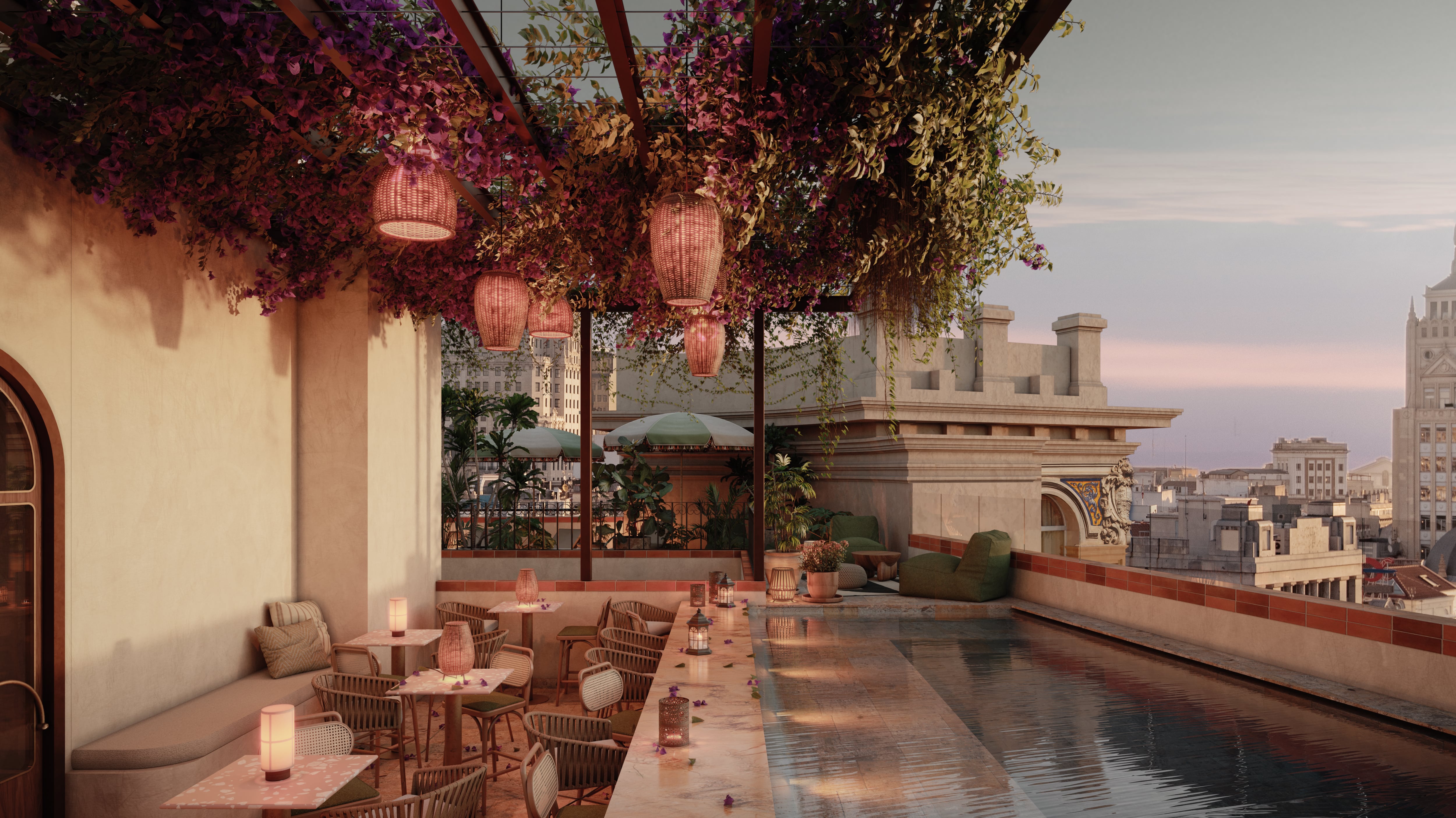 Recreación de la futura terraza del hotel Nomade Temple Madrid, que abrirá sus puertas en marzo de 2026, en una imagen cedida por la compañía.