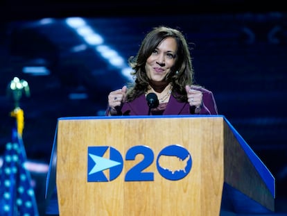 Kamala Harris, este miércoles durante su discurso en Wilmington, Delaware.