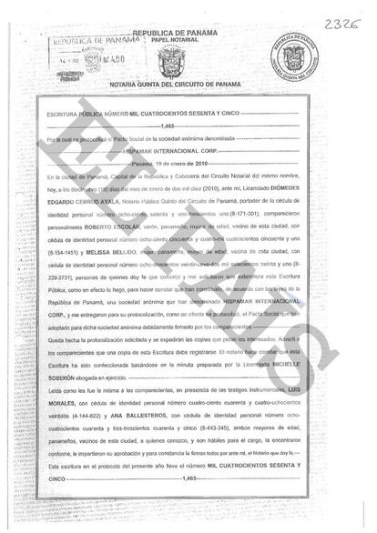 Documento notarial de la sociedad panameña vinculada a Víctor Muñoz Cuba.