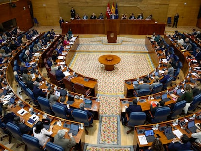 Vista general del pleno celebrado este jueves en la Asamblea de Madrid.