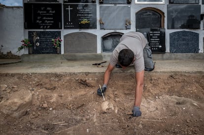 Un arqueólogo limpia los huesos hallados en la fosa común de Belchite.