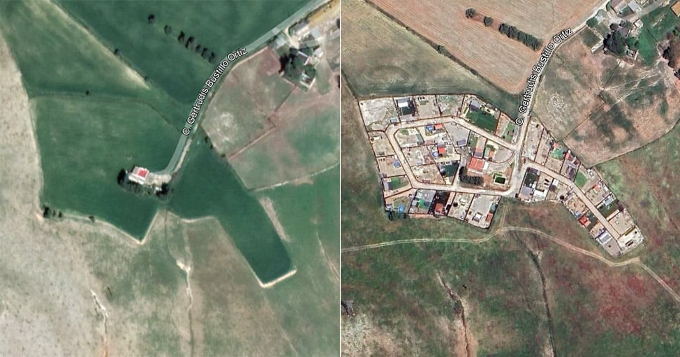 Vista aérea realizada por el Ayuntamiento de Jerez donde se aprecia el crecimiento de edificaciones sin permiso entre 2020 y 2023 en la zona rural conocida como Pino Solete.