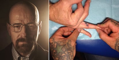 Bryan Cranston no es hombre de tatuajes, pero tras el final de la exitosa serie ‘Breaking Bad’, el actor quiso hacerse algo que le recordara su éxito como alter ego de Walter White. “Era lo apropiado, 'Breaking Bad' cambió mi vida”, explicó a la revista 'GQ'. ¿Su tatuaje? Hizo que uno de los miembros del departamento artístico de la serie, y también tatuador, le marcara con el logo de la ficción en el dedo índice de su mano derecha.